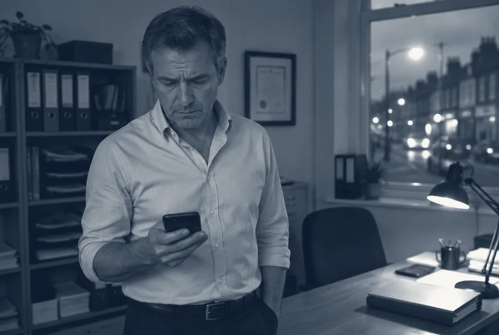 A small business owner in his office at dusk, frowning at his phone.