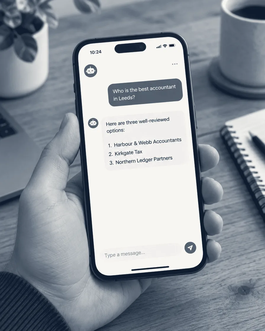 A phone showing an AI assistant asked for the best accountant in Leeds, answering with three firm names.