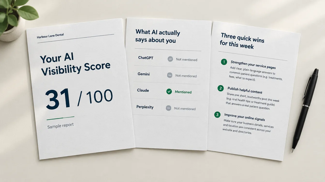 Three pages of a sample AI Visibility Report for a fictional dental practice: a score of 31 out of 100, what ChatGPT, Gemini, Claude and Perplexity say, and three quick wins.