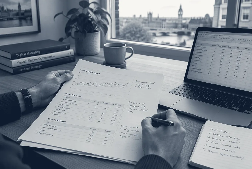 A consultant's hands making notes on a printed SEO report beside a laptop.